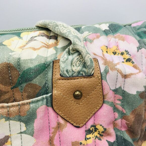 Pioneer Woman Aubrey Quilted Print Tote Floral Green Faded Denim w Zipper Large - Picture 10 of 15